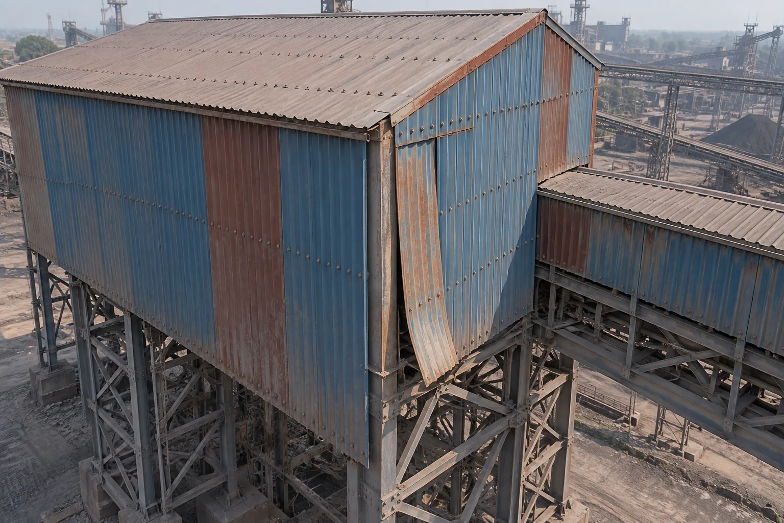 Weathered blue and rust-coloured cladding on a raised industrial building, with a sheet lifting at the gable end