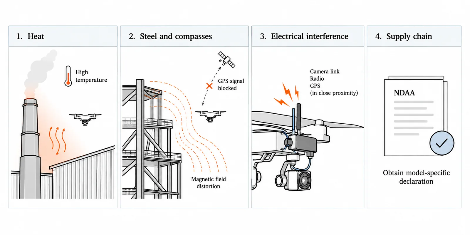 Four payload risks: heat near stacks, steel structures disturbing compass and GPS, electrical interference from camera links, and supply-chain declarations