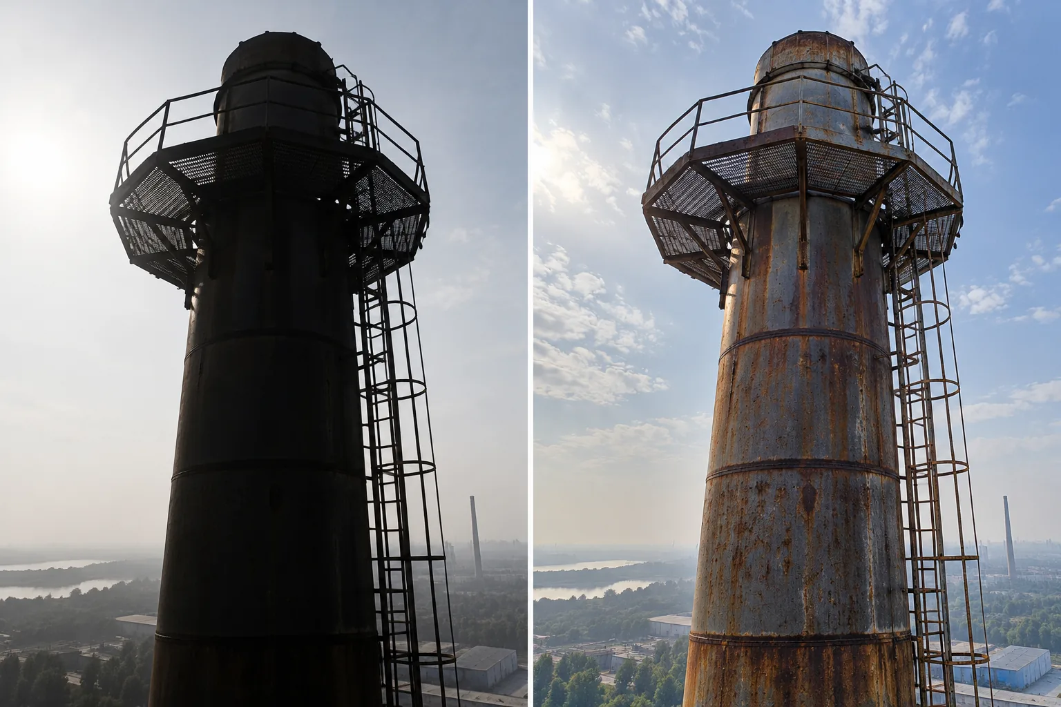 Two views of a steel stack: on the left exposed for the bright sky so the structure is a black silhouette, on the right exposed for the steel so rust is visible